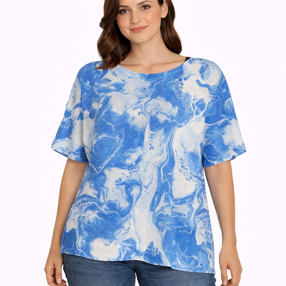 LUISA RICCI Size Medium Blue Marble Print Lightweight Dolman Slv Bateau Knit Top